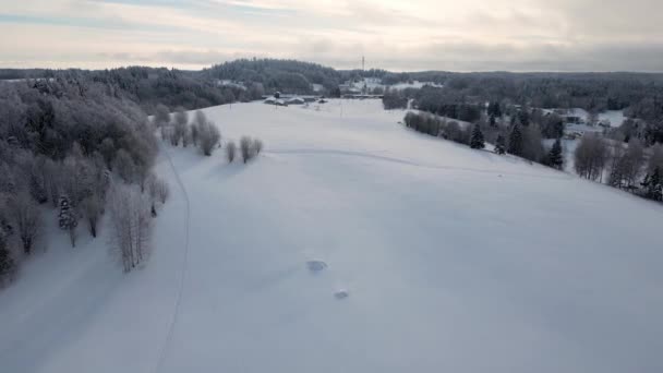 Güzel Kış Dağ Manzarasının Havadan Görüntüsü Ormanda Büyüleyici Kış Manzarası — Stok video