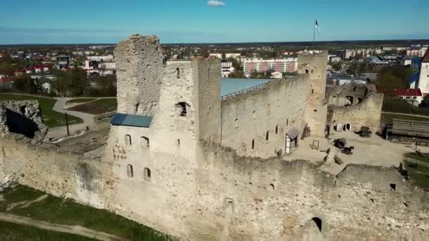 Κάστρο Στο Γραφικό Αγροτικό Τοπίο Στην Εσθονία Εσθονική Σημαία Κυματίζει — Αρχείο Βίντεο