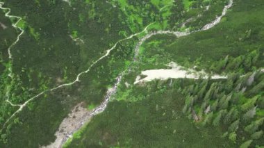 Vahşi yeşil dağ manzarasında yürüyüş patikası. Eski nehir akıyor. Dağ yolunda uçan dron yürüyüş grubundan havadan ateş edildi. Dağların tepelerinde yürüyüş izleri.