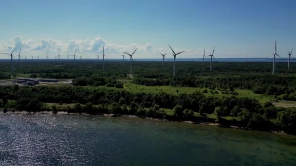 Solar Power Plant Windmills Aerial View Wind Turbine Offshore Wind — Stock Video