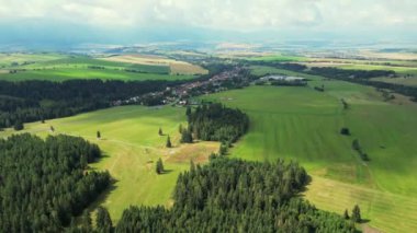 Yellow Wheat Field Slovakya üzerinde İHA uçuşu. Arka planda geniş dağ sırası ve epik dağlık manzara. Çayırdaki Yeşil Çimen Rüzgarla Esiyor. Slovakya 'da tarım alanında. Güzel