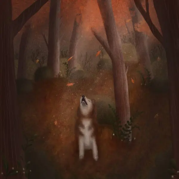 Şirin, iri yarı, hastalıklı köpek, sonbaharın tadını çıkarıyor. Yapraklar dökülüyor, sonbahar sıcacık havası. Sarı ve portakal ağacı. Sonbahar kartpostalları geliyor. Sonbahar mevsimi Doğa yassı çizimler. 