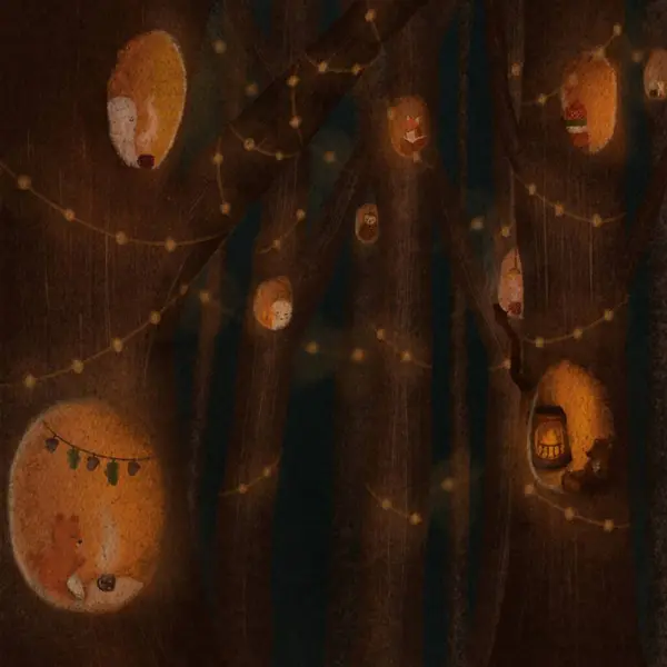 Yuvanın içindeki çizgi film hayvanları. Ağacın içinde, arka planda sonbahar renkleri olan sevimli ve samimi hayvanlar. İçkici kahve, kitap okumak. Samimi ev çizimleri, sonbahar kış atmosferi. Çocuklar için sanat,