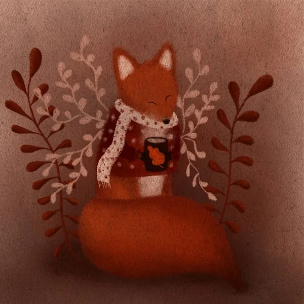 Sıcacık hayvan resimleri, kahve içen sevimli kızıl tilki. Çocuklar için şirin hayvanlar duvar kağıdı çizimi. Çocuklar için sanat. Sevimli sonbahar hayvanı ve elle çizilmiş resim. Sade renkler, kızıl saçlar. 