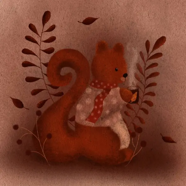 Samimi hayvan resimleri, kahve içen sevimli sincap resimleri. Çocuklar için şirin hayvanlar duvar kağıdı çizimi. Çocuklar için sanat. Sevimli sonbahar hayvanı ve elle çizilmiş resim. Sade renkler, kızıl saçlar.