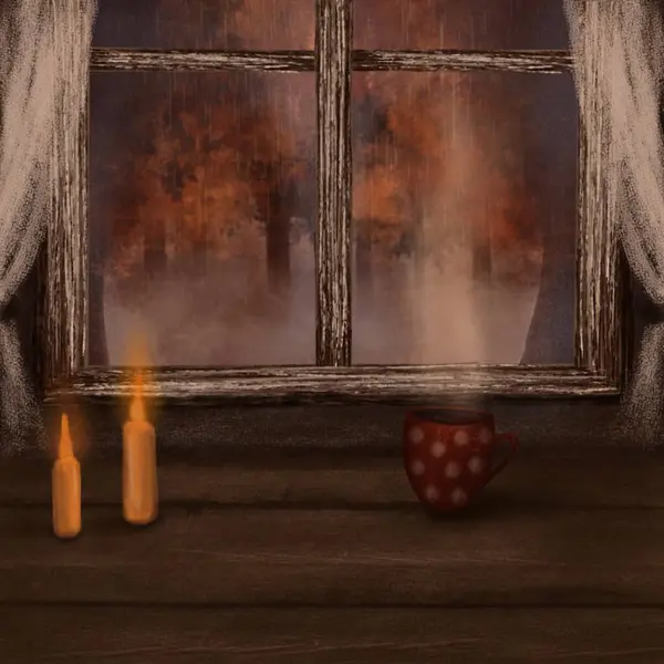 Tatlı sonbahar kahvesi ve mum ışığı çizimi. Pencerenin dışında bir sonbahar manzarası var. Pencere sonbahar mevsimi yeşil turuncu kahve fincanı. Sonbahar doğası. Hygge konsepti. Sıcak sonbahar günleri