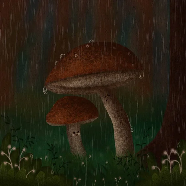 Ormanda yağmurlu iki mantarın sonbahar örtüsü. Yağmurun altında tatlı yüzlü mantar. Doğal moda baskısı. Mantar, böğürtlen ve böceklerle sonbahar sınırı. 