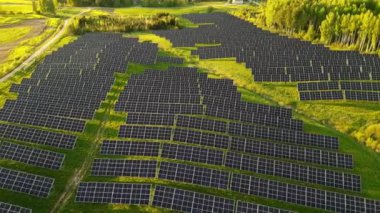 Günbatımında yeşil enerjili alanlardaki ekoloji güneş enerjisi santrali panelleri. Yeşil alanın yanındaki modern fotovoltaik güneş panelleri. elektriksel güç ekolojisi yenilik ortamı.
