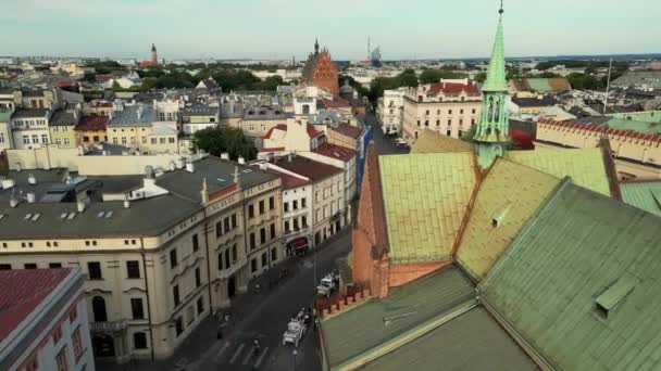 Krakow Main Market Square Aerial View Sunset Filmed Drone Marys — Stock Video