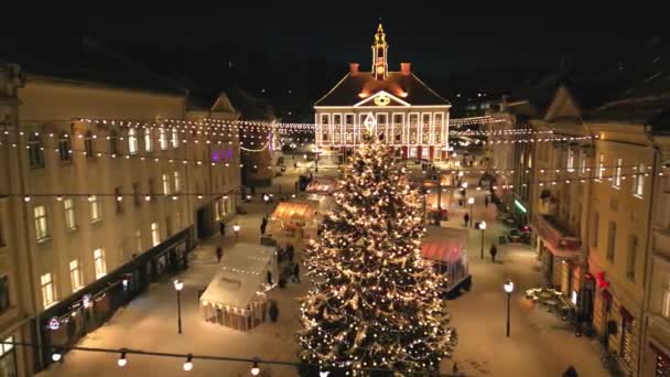 Tartu Estland Kerstmarkt Verlicht Door Een Groot Aantal Fonkelende Lichten — Stockvideo