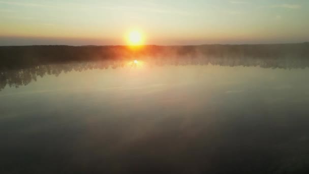 Brume Matinale Flottant Dessus Eau Calme Lac Golden Sunlight Rising — Video