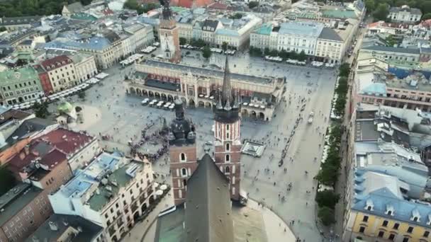 Widok Lotu Ptaka Kraków Rynek Wieża Ratuszowa Sukiennice Sala Draperska — Wideo stockowe