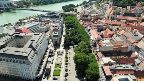 Aerial Bratislava Cityscape Med Slot Haver Donau Floden Panoramaudsigt Bratislava – Stock-video