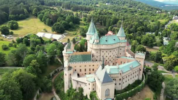 Aerial Video Bojnice Castle Unesco Heritage Site Slovakia Romantic Castle — Stock Video