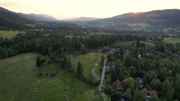 朝のスイスの農村風景 サンライズ高山村 スイスの牧草地は 夕方には緑の転がり坂や山々があり 夕日を設定しています 小さな田舎町のシネマティック映像 — ストック動画