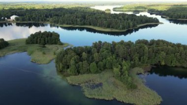 Swedish archipelago in aerial drone shot flying over forest and islands. Silhouette islands in the archipelago, Aerial view from the Swedish archipelago. Trees and green woods on warm summer evening.
