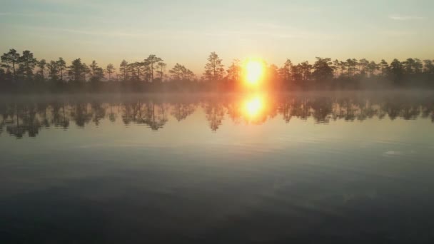 Утренний Туман Над Озером Оранжевый Туман Спокойные Размышления Фоне Леса — стоковое видео