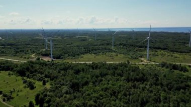 Estonya, Paldiski 'de Yenilenebilir Enerji Hava Görüntüsü. Offshore Rüzgar Çiftliği 'nde Rüzgar Türbinleri Yeşil Enerji' den faydalanıyor. Yenilenebilir Güç ile Sürdürülebilir Gelişme ve İklim Değişikliğinin Desteklenmesi