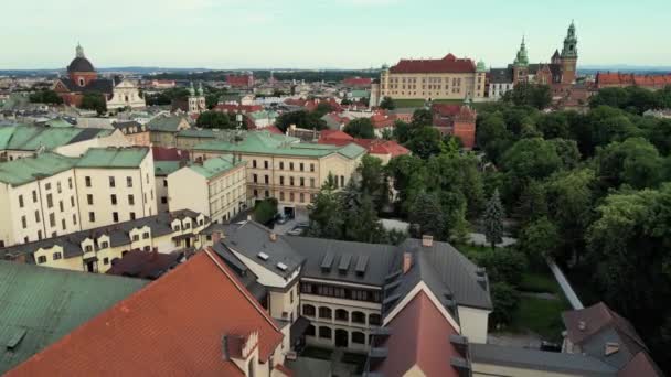 Widok Lotu Ptaka Zamek Królewski Wawelu Katedra Krakowie Rzeka Spokojna — Wideo stockowe