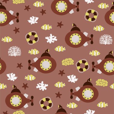 Vector seamless pattern with submarine,lifebuoy, clown fish, seaweed, starfish.Underwater cartoon creatures.Marine background.Cute ocean pattern for fabric, childrens clothing,textiles,wrapping paper.