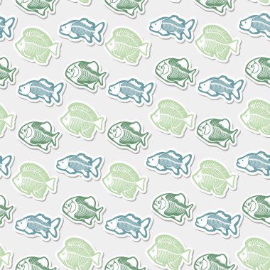 Balık iskeleti ile çıkartma vektör deseni. Çocuklar için balıklı orijinal tasarım. Tişört, tekstil, ambalaj kağıtları, web sayfaları için yazdır.