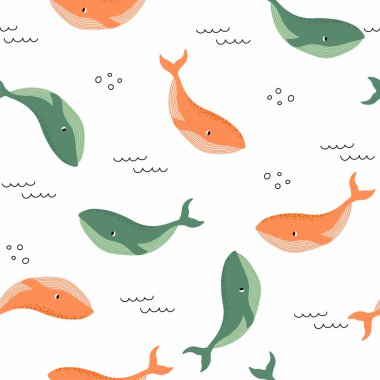 Vector seamless pattern with whale.Underwater cartoon creatures.Marine background.Cute ocean pattern for fabric, childrens clothing,textiles,wrapping paper.