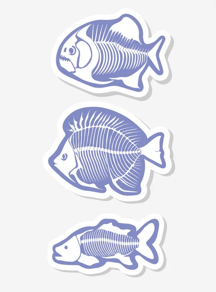 白い背景に魚の骨格が隔離されたベクトルステッカーセット 子供のための魚と元のデザイン Tシャツ テキスタイル 包装紙 ウェブ用の印刷 — ストックベクタ