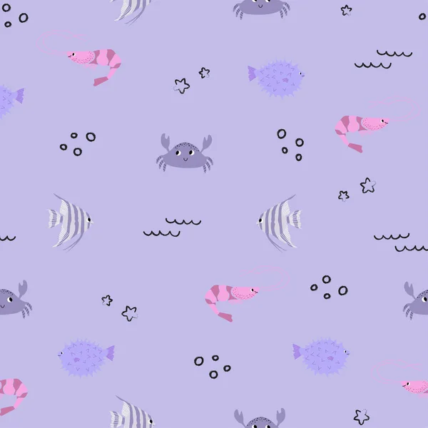 stock vector Vector seamless pattern with shrimp, crab, fugu fish, scalaria fish.Underwater cartoon creatures.Marine background.Cute ocean pattern for fabric, childrens clothing,textiles,wrapping paper.