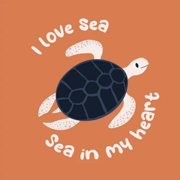 Vektorová Ilustrace Oceánu Želvou Miluji Moře Moře Svém Srdci Moderní — Stockový vektor