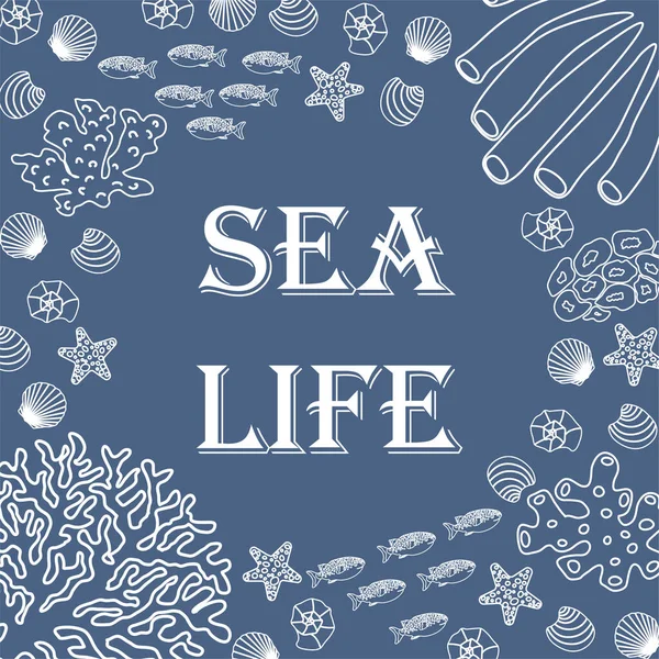 Vektorozeanillustration Mit Fischen Muscheln Korallen Algen Sea Life Moderner Schriftzug — Stockvektor