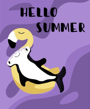 Çekiç başlı balıklı vektör okyanus çizimi şişme flamingo üzerinde. Merhaba yaz - modern mektuplar. Su altı deniz hayvanları. Pankart, broşür, kartpostal, web sitesi tasarımı, tişört, poster tasarımı..