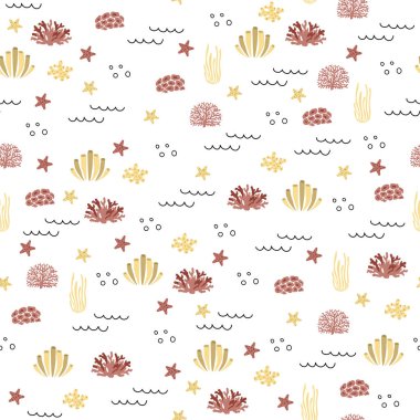 Vector seamless pattern with algae, corals.Underwater cartoon creatures.Marine background.Cute ocean pattern for fabric, childrens clothing,textiles,wrapping paper.