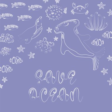 Vector ocean illustration with penguin, hammerhead fish,corals.Save Ocean - modern lettering.Underwater marine animals.Ecology design for banner,flyer,postcard, website design,t-shirt,poster.