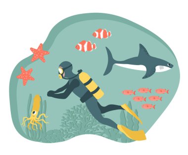 Vector ocean illustration with diver, shark, clown fish, starfish, squid, algae, corals.Diving.Underwater marine animals.Ecology design for banner,flyer,postcard, website design,poster.
