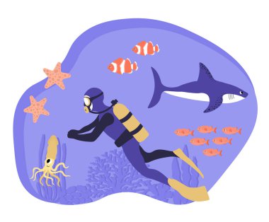 Vector ocean illustration with diver, shark, clown fish, starfish, squid, algae, corals.Diving.Underwater marine animals.Ecology design for banner,flyer,postcard, website design,poster.