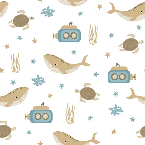 Векторный Безморский Узор Китами Подводной Лодкой Черепахами Морскими Звездами Водорослями — стоковый вектор