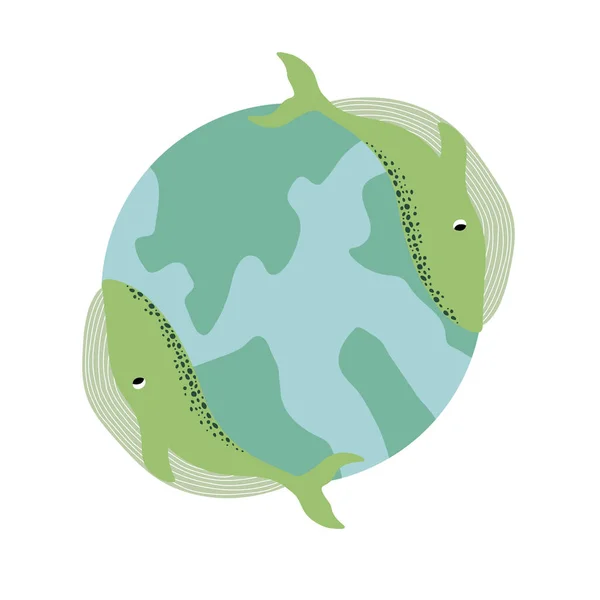 Ilustración Vectorial Oceánica Con Ballena Tierra Animales Marinos Subacuáticos Diseño — Vector de stock