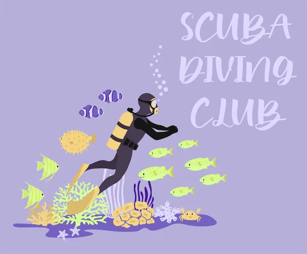 Vector Ocean Illustration Diver Fish Crab Algae Corals Scuba Diving — Stock Vector