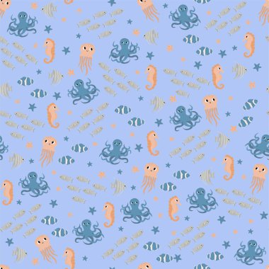 Vector seamless pattern with clownfish,seahorse,jellyfish,octopus,scalaria fish.Underwater cartoon creatures.Marine background.Cute ocean pattern for fabric,childrens clothing,textiles,wrapping paper.