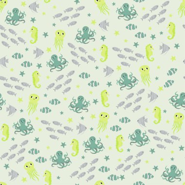 Vector seamless pattern with clownfish,seahorse,jellyfish,octopus,scalaria fish.Underwater cartoon creatures.Marine background.Cute ocean pattern for fabric,childrens clothing,textiles,wrapping paper.