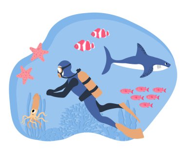 Vector ocean illustration with diver, shark, clown fish, starfish, squid, algae, corals.Diving.Underwater marine animals.Ecology design for banner,flyer,postcard, website design,poster.