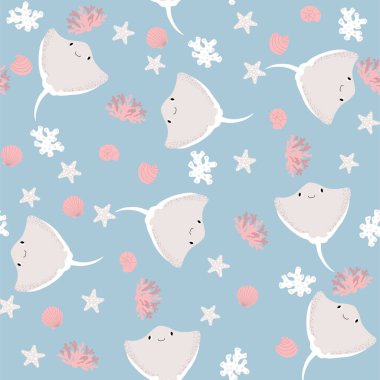 Şeytanyıldızı, denizyıldızı, algler, deniz altı çizgi film yaratıkları. Deniz yaratıkları. Kumaş, çocuk kıyafetleri, tekstil ve ambalaj kağıtları için şirin okyanus deseni..