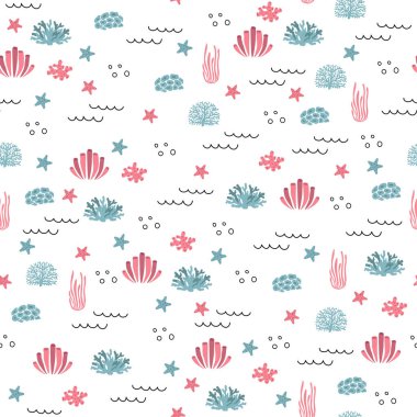 Vector seamless pattern with algae, corals.Underwater cartoon creatures.Marine background.Cute ocean pattern for fabric, childrens clothing,textiles,wrapping paper.