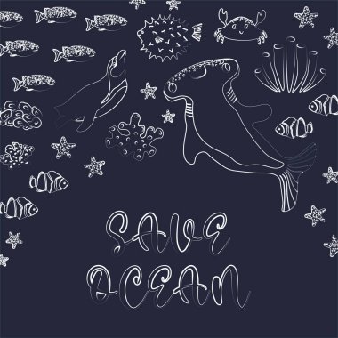 Vector ocean illustration with penguin, hammerhead fish,corals.Save Ocean - modern lettering.Underwater marine animals.Ecology design for banner,flyer,postcard, website design,t-shirt,poster.
