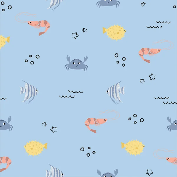 ふぐ魚 スケラリア魚とベクトルシームレスなパターン水中の漫画の生き物 海洋の背景布 子供服 包装紙のためのかわいい海のパターン — ストックベクタ