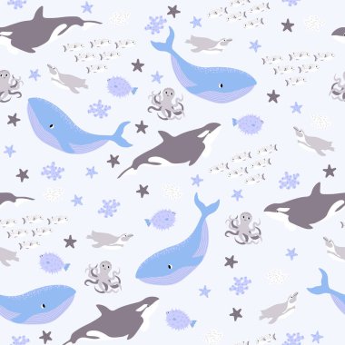 Vector seamless pattern with fish,penguin,whale,killer whale, octopus.Underwater cartoon creatures.Marine background.Cute ocean pattern for fabric, childrens clothing,textiles,wrapping paper.