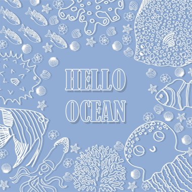 Vector ocean illustration with fish,jellyfish,squid,corals,algae,shell.Hello ocean - modern lettering.Underwater marine animals.Ecology design for banner,flyer,postcard, website,t-shirt,poster.