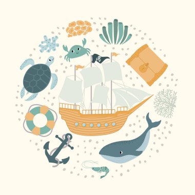 Gemi, balina, hazine sandığı, kaplumbağa, çapa, can simidi, yengeç, karides, mercan içeren vektör okyanus çizimi. Deniz altı hayvanları. Pankart, broşür, kartpostal, web sitesi tasarımı, poster tasarımı..