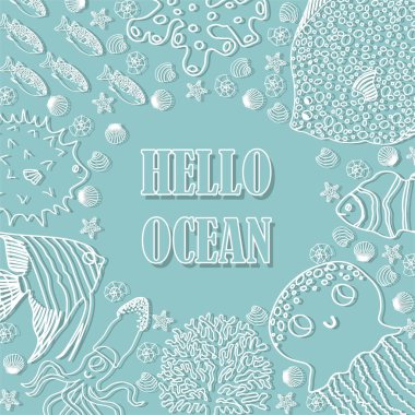 Vector ocean illustration with fish,jellyfish,squid,corals,algae,shell.Hello ocean - modern lettering.Underwater marine animals.Ecology design for banner,flyer,postcard, website,t-shirt,poster.