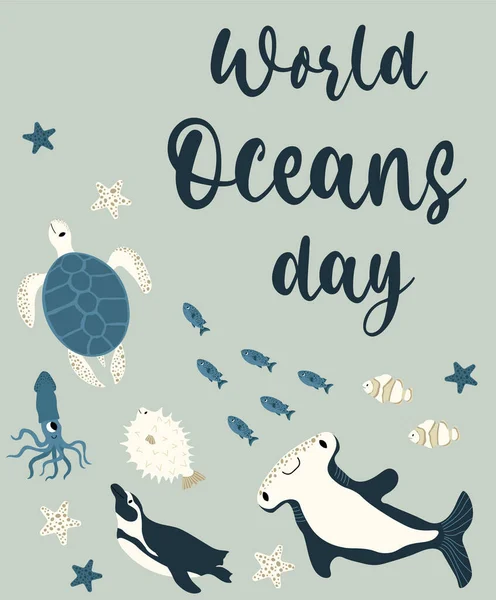 Vector Ocean Illustration Hammerhead Fish Turtle Penguin Squid Worlg Ocean — Stock Vector